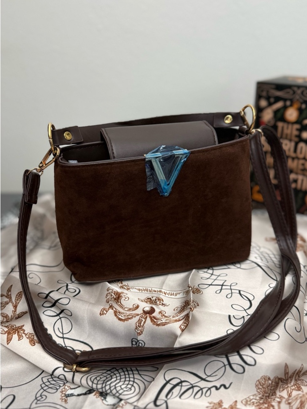 Brown Faux Leather Crossbody Bag Women’s Structured Top Handle Gold Hardware
